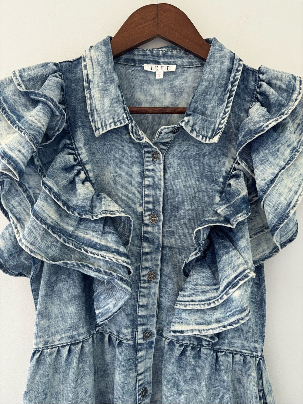 TCEC Women’s Ruffle Sleeve Acid Wash Denim Dress Size Small Y2K Coquette - Picture 3 of 11